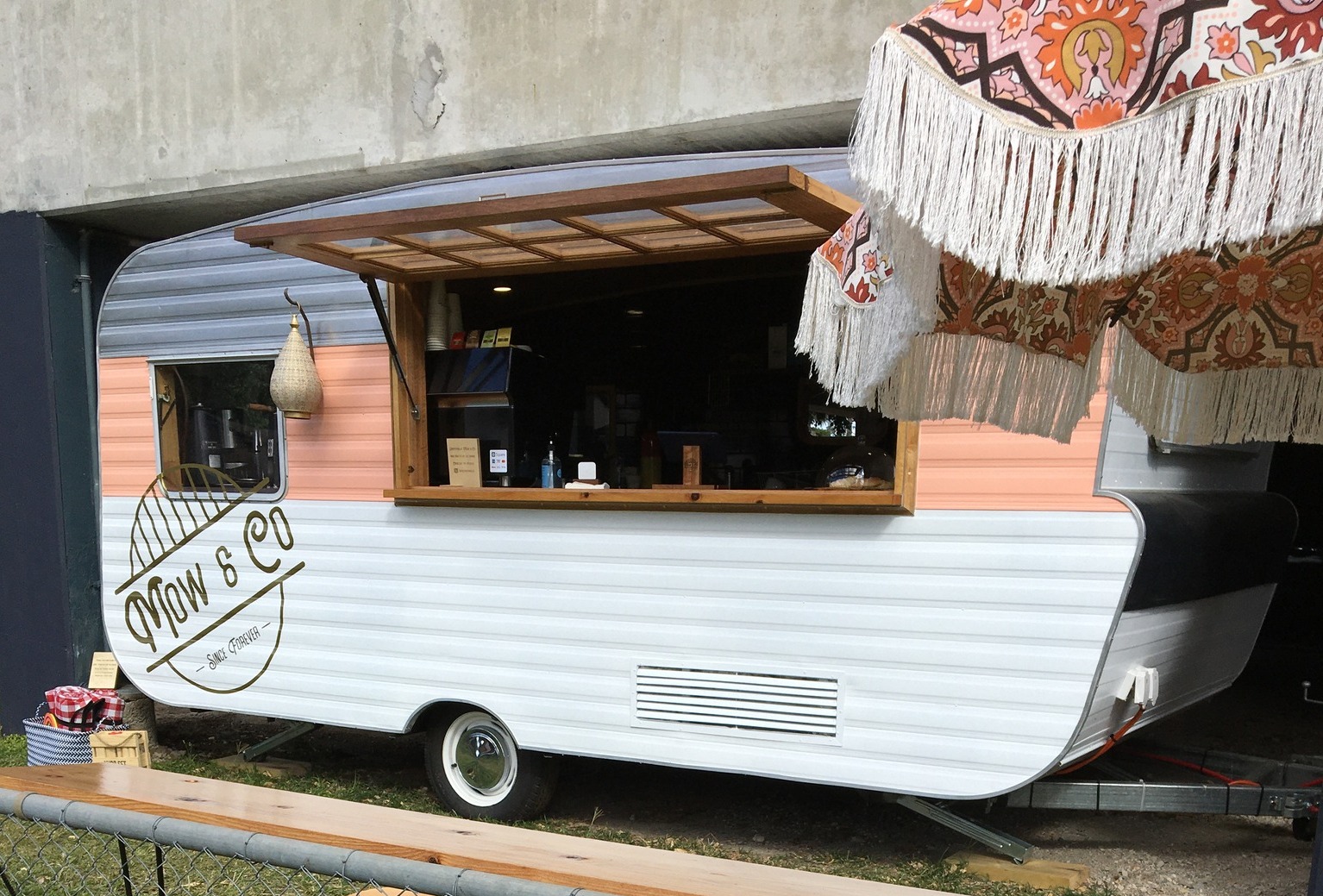 Wide shot of the vintage cafe van